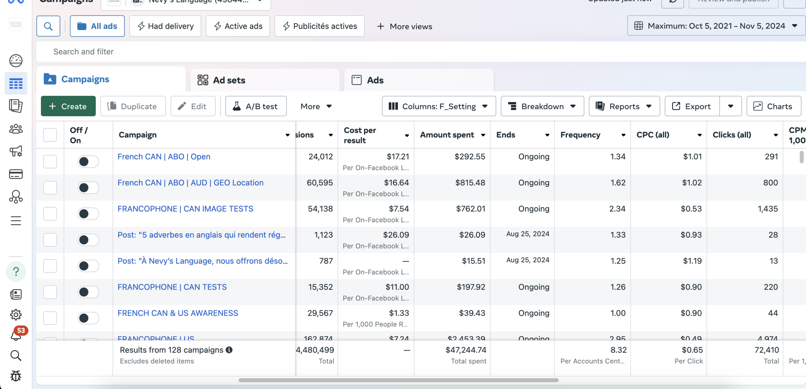 Capture historique Meta Ads Manager de Nevy’s Language