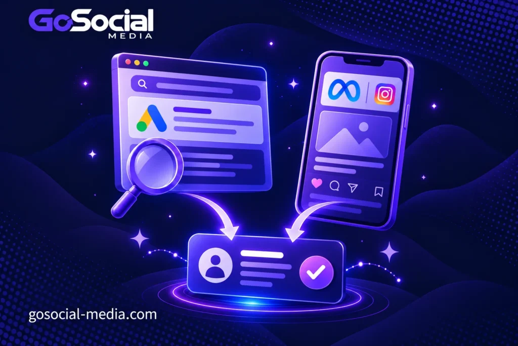 إعلانات بحث Google وإعلانات Meta تتجه نحو عميل محتمل مؤهل، بأسلوب GoSocial ثلاثي الأبعاد بالبنفسجي والأزرق الداكن.