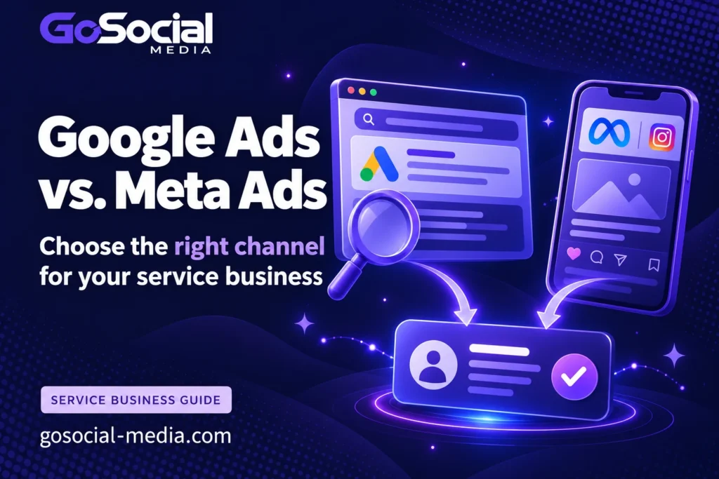 Google Search and Meta social ads leading to a qualified customer, illustrated in GoSocial’s purple and navy style.